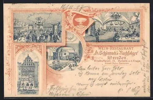 Lithographie Dresden, Wein-Restaurant H. Schönrock`s Nachfolger mit Innenansichten, Wilsdrufferstrasse 14