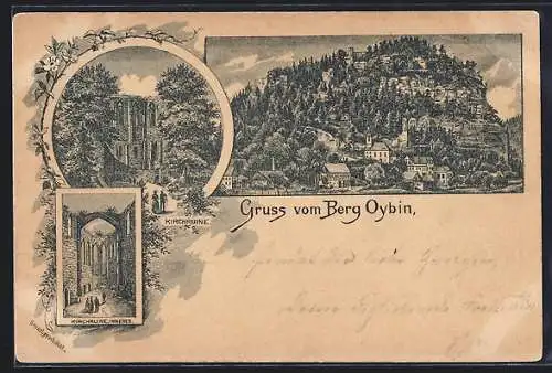 Vorläufer-Lithographie Oybin, 1893, Kirchruine, Ortsansicht mit Berg