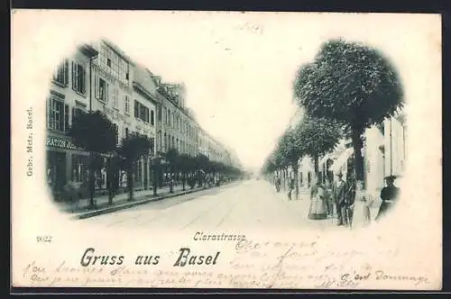 AK Basel, Blick in die Clarastrasse mit Passanten