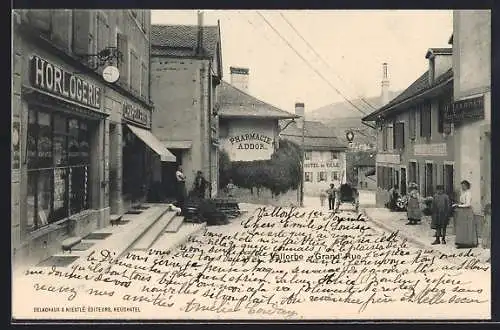 AK Vallorbe, Grand` Rue mit Horlogerie