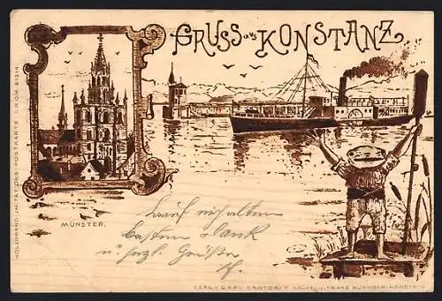 Holzbrand-Imitations-AK Konstanz, Ansicht der Münster, Partie im Hafen