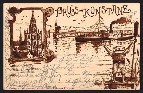 Holzbrand-Imitations-AK Konstanz, Uferpartie mit Dampfer und Frosch, Münster