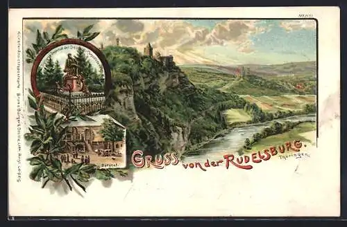 Künstler-AK Bruno Bürger & Ottillie Nr. 2151: Rudelsburg, Blick auf Bismarck-Denkmal und Burghof