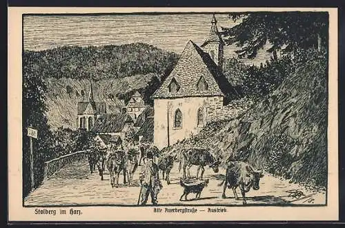 Künstler-AK Stolberg / Harz, Alte Auerbergstrasse, Austrieb