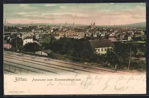 AK Zittau, Panorama vom Kummersberge aus auf Kirchen, Häuser und Bahngleise