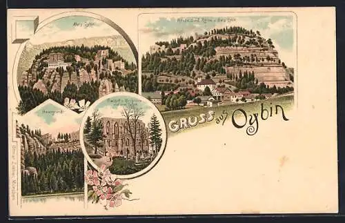Lithographie Oybin, Kirche, Dorf, Ruine und Berg, Hausgrund, Friedhof und Kirchruine