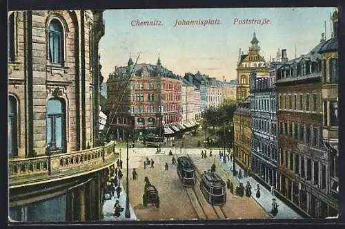 AK Chemnitz, Johannisplatz und Poststrasse mit Geschäft und Strassenbahn