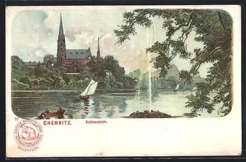 Lithographie Chemnitz, Schlossteich und Kirche