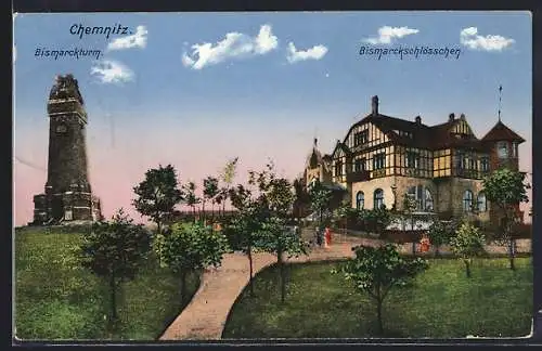 AK Chemnitz, Gasthaus Bismarckschlösschen, Bismarckturm