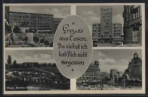 AK Essen, Partie am Hauptbahnhof, Deutschlandhaus,  Platz, Gruga Blumen-Arena