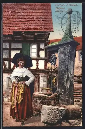 AK Elsässerin in Trachten am Brunnen