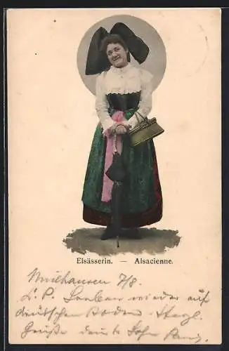AK Elsässerin in Tracht mit Schirm und Korb