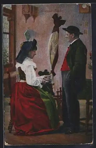 AK Elsässer Dame und Herr in Trachten am Spinnrad