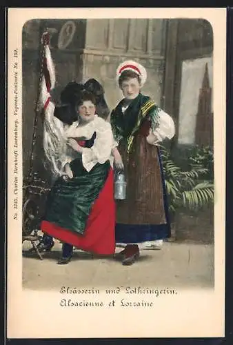 AK Elsässerin und Lothringerin in Trachten am Spinnrad
