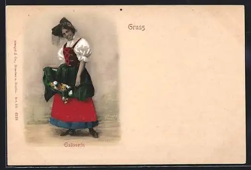 AK Elsässerin in Tracht mit Blumen im Rock