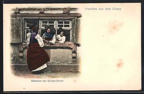 AK Geispolsheim, Gespräch von Mädchen in elsässer Trachten