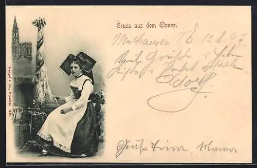 AK Am Spinnrad sitzende Elsässerin in Tracht