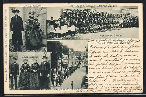 AK Hochzeitsbilder in Trachten, Gruppenbild, Brautpaar und Hochzeitszug