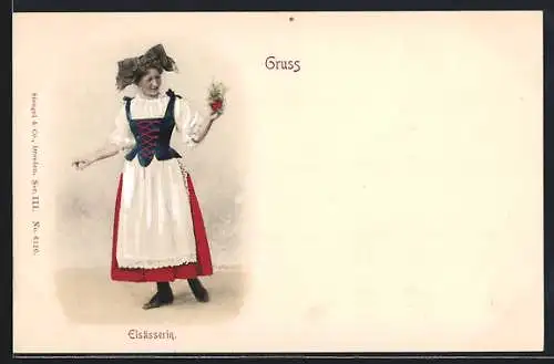 AK Elsässerin in Tracht mit Blumengesteck in der Hand