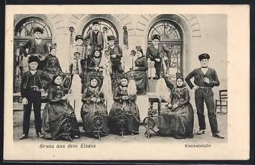 AK Elsass, Kunkelstube, Frauen an Spinrädern