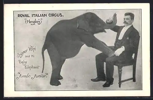 AK Royal Italien Circus Henglers, Baby Elefant Jumbo Junior mit Domptuer Signor Volpi