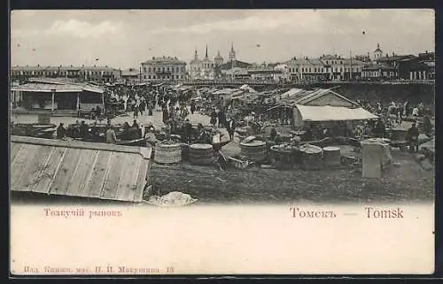 AK Tomsk, Wochenmarkt mit Blick zum Ort