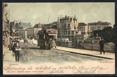 AK Lausanne, Le grand pont, Strassenbahn