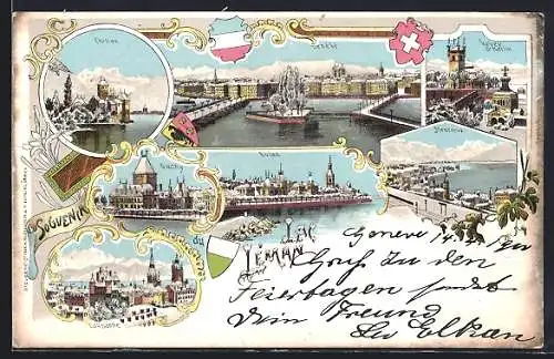 Winter-Lithographie Montreux, Lac Leman avec Geneve, Chillon, Lausanne, Vevey St. Martin, Evian