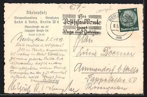 AK Berlin, Bauernstube der Rheinpfalz, Mauerstrasse 66 /67, Hahn & Sohn