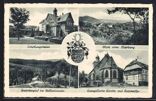AK Dassel, CVJM Erholungsheim, Blick vom Bierberg, Speerbergtal bei Relliehausen und Evang. Kirche mit Ratskeller