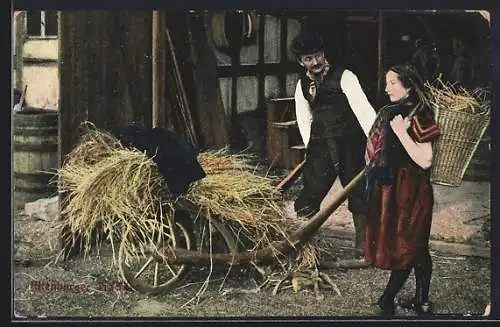 AK Bauernpaar in thüringischer Tracht mit Heukarren