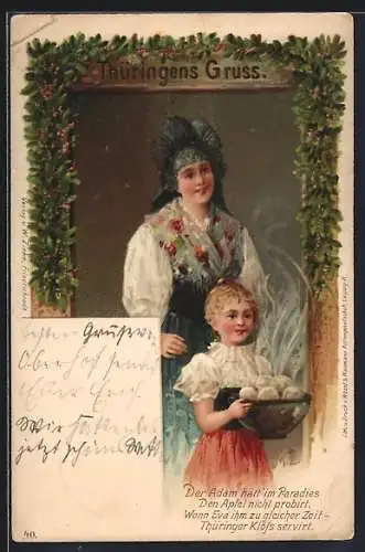 AK Frau und Mädchen in Thüringer Tracht, Mädchen hält Schüssel mit Klössen in den Händen