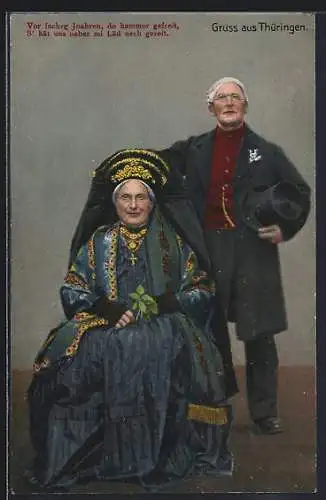 AK Gruss aus Thüringen, Älteres Paar in thüringischer Tracht