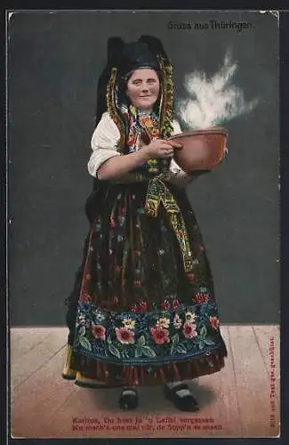 AK Frau in thüringischer Tracht mit einem Suppentopf