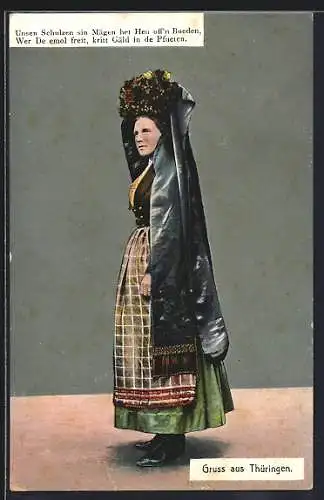 AK Gruss aus Thüringen, Frau in thüringischer Tracht