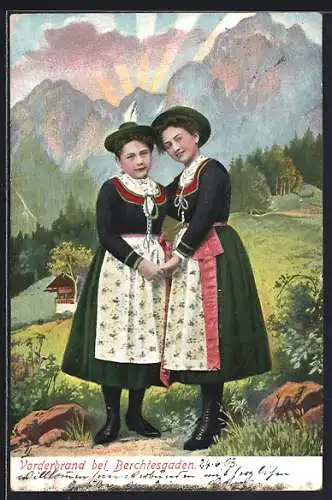 AK Vorderbrand bei Berchtesgaden, Zwei Frauen in bayerischer Tracht