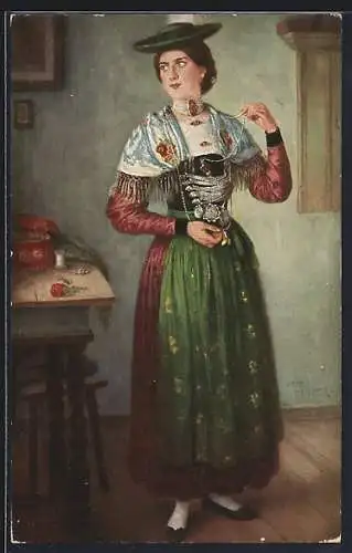 AK Garmisch-Partenkirchen, Dame in Werdenfelser Tracht