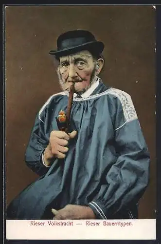 AK Bauer in Rieser Volkstracht mit Tabakspfeife