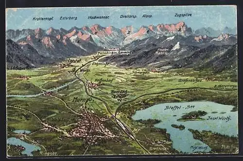 Künstler-AK Eugen Felle: Murnau, Karte der Umgebung mit Staffel-See, Rambach und Grafenschau