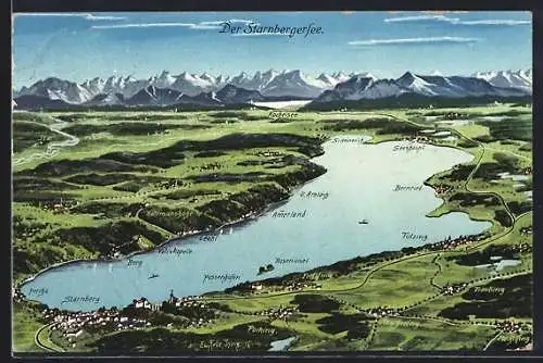 Künstler-AK Eugen Felle: Starnberg, topographische Karte mit Bergpanorama und dem Starnbergersee