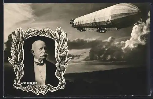 AK Portrait von Graf Zeppelin und ein Luftschiff