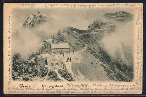 AK Herzogstand, Ansicht der Berghütten aus der Vogelperspektive