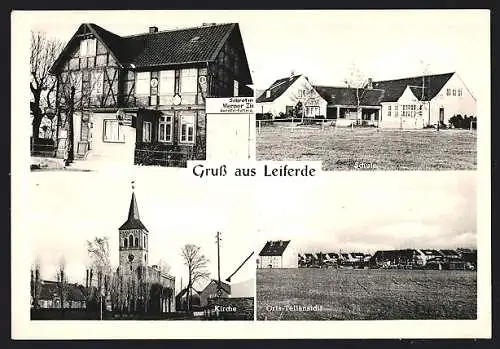 AK Leiferde / Braunschweig, Teilansicht, Schule, Kirche und Gaststätte Hopert