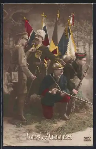 AK Propaganda Entente, Les Alliès, Soldaten mit Fahnen und Gewehren