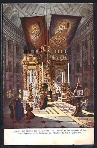 Künstler-AK Friedrich Perlberg: Palästina, Inneres der Kirche des heiligen Grabes, Church of the Holy Sepulchre