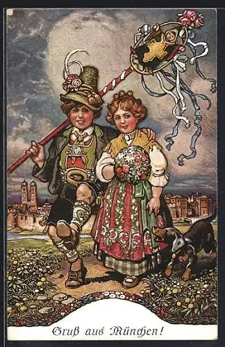Künstler-AK Gruss vom Münchner-Oktoberfest, Trachtenträger, Dackel, Müchner Kindl