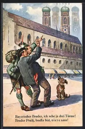 Künstler-AK F.Schlemo: München, Kgl. Hofbräuhaus, betrunkene Touristen in den Strassen der Stadt