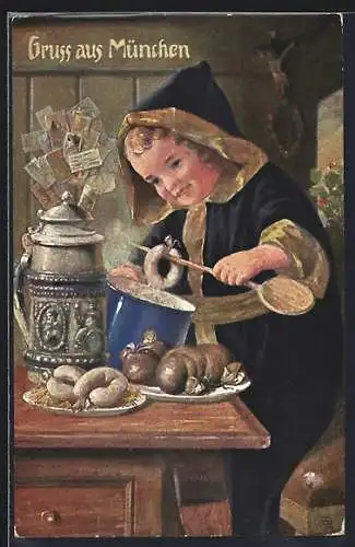 Künstler-AK München, Münchner Kindl mit Weisswürsten am Tisch