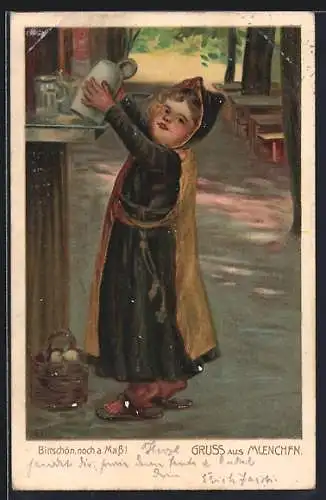 AK München, Münchner Kindl mit Bierhumpen und Rüben