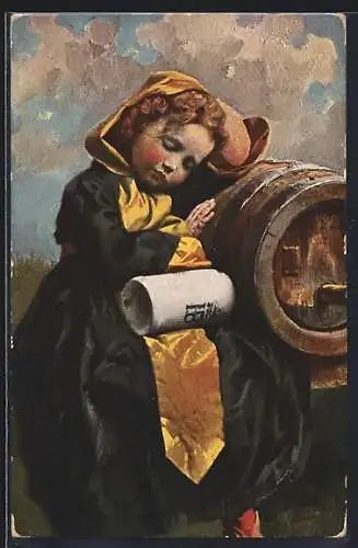 AK München, Schlafendes Münchener Kindl mit leerem Hofbräuhaus-Krug und Bierfass